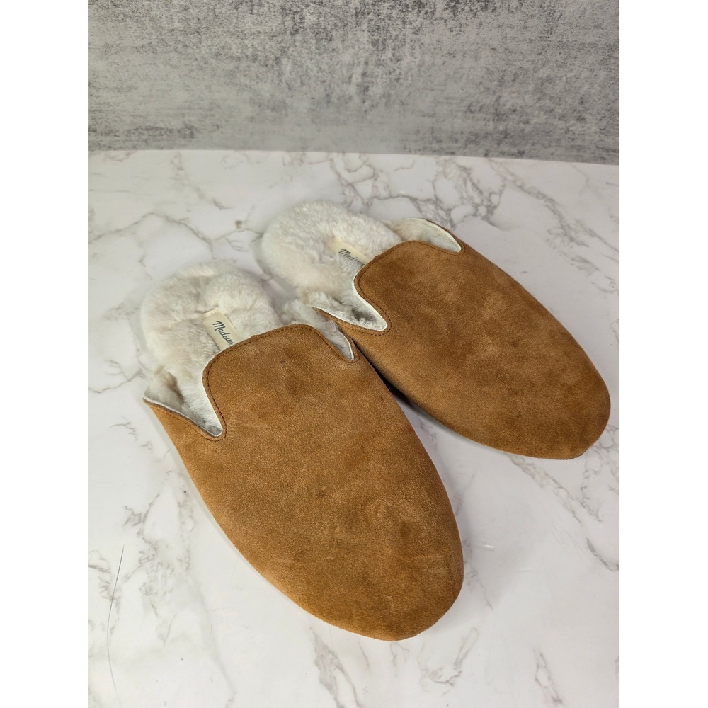 Madewell Suede Scuff Slippers Tan Brown Fur Lined Mules Leather Womens 9